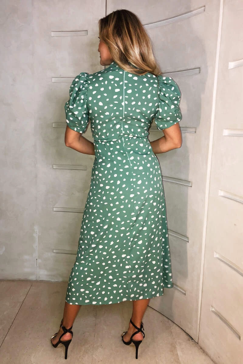 AX Paris Green Printed Ruched Short Sleeve Midi Dress Dresses 4 AX Paris Green Printed Ruched Short Sleeve Midi Dress Dresses