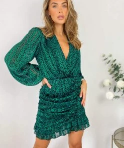 AX Paris Green Ruched Long Sleeve Mini Dress Dresses