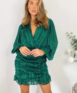 AX Paris Green Ruched Long Sleeve Mini Dress Dresses