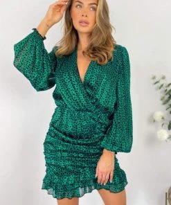 AX Paris Green Ruched Long Sleeve Mini Dress Dresses