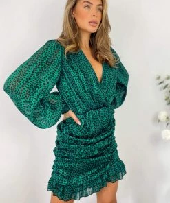 AX Paris Green Ruched Long Sleeve Mini Dress Dresses
