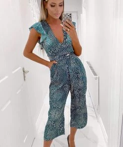 AX Paris Green Spotted Belted Wrap Jumpsuit