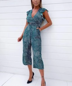 AX Paris Green Spotted Belted Wrap Jumpsuit