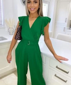 AX Paris Jumpsuits And Playsuits Green Wrap Front Belted Jumpsuit