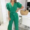 AX Paris Jumpsuits And Playsuits Green Wrap Over Tie Waist Jumpsuit