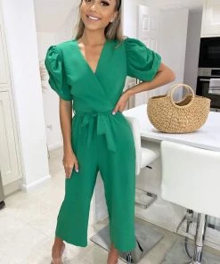 AX Paris Jumpsuits And Playsuits Green Wrap Over Tie Waist Jumpsuit