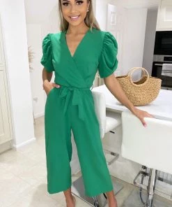 AX Paris Jumpsuits And Playsuits Green Wrap Over Tie Waist Jumpsuit
