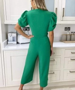 AX Paris Jumpsuits And Playsuits Green Wrap Over Tie Waist Jumpsuit