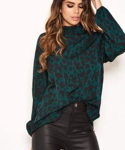 AX Paris Tops Green Leopard Print High Neck Top