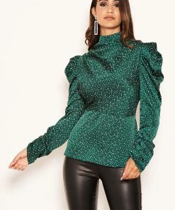 AX Paris Tops Green Spotty Puff Sleeve Top