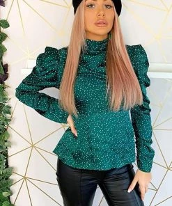 AX Paris Tops Green Spotty Puff Sleeve Top