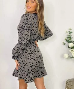 AX Paris Dresses Grey Animal Print Elasticated Sleeve Skater Dress