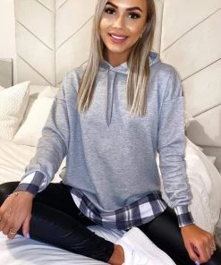 AX Paris Grey Check Back Hoodie Tops