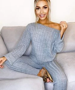 AX Paris Loungewear Grey Chunky Knit Slash Neck Lounge Set