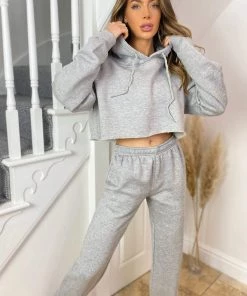 AX Paris Tops Grey Cropped Hoodie Lounge Set