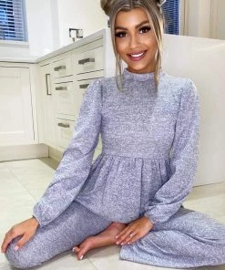 AX Paris Grey Marl Long Sleeve Peplum Lounge Set Loungewear