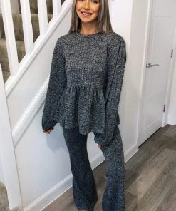 AX Paris Loungewear Grey Peplum Flared Leg Lounge Set