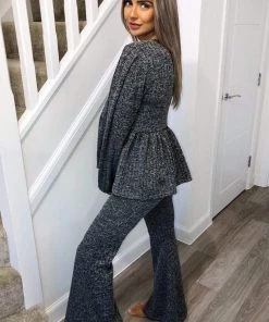 AX Paris Loungewear Grey Peplum Flared Leg Lounge Set