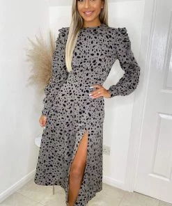 AX Paris Dresses Grey Printed Long Pleated Sleeve Midi Dress