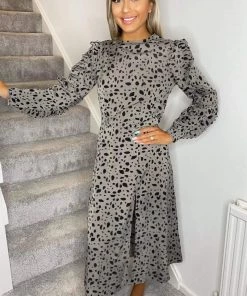 AX Paris Dresses Grey Printed Long Pleated Sleeve Midi Dress