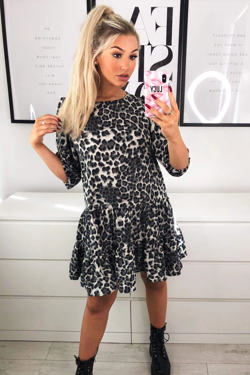 AX Paris Dresses Grey Printed Frill Swing Dress 2 AX Paris Dresses Grey Printed Frill Swing Dress