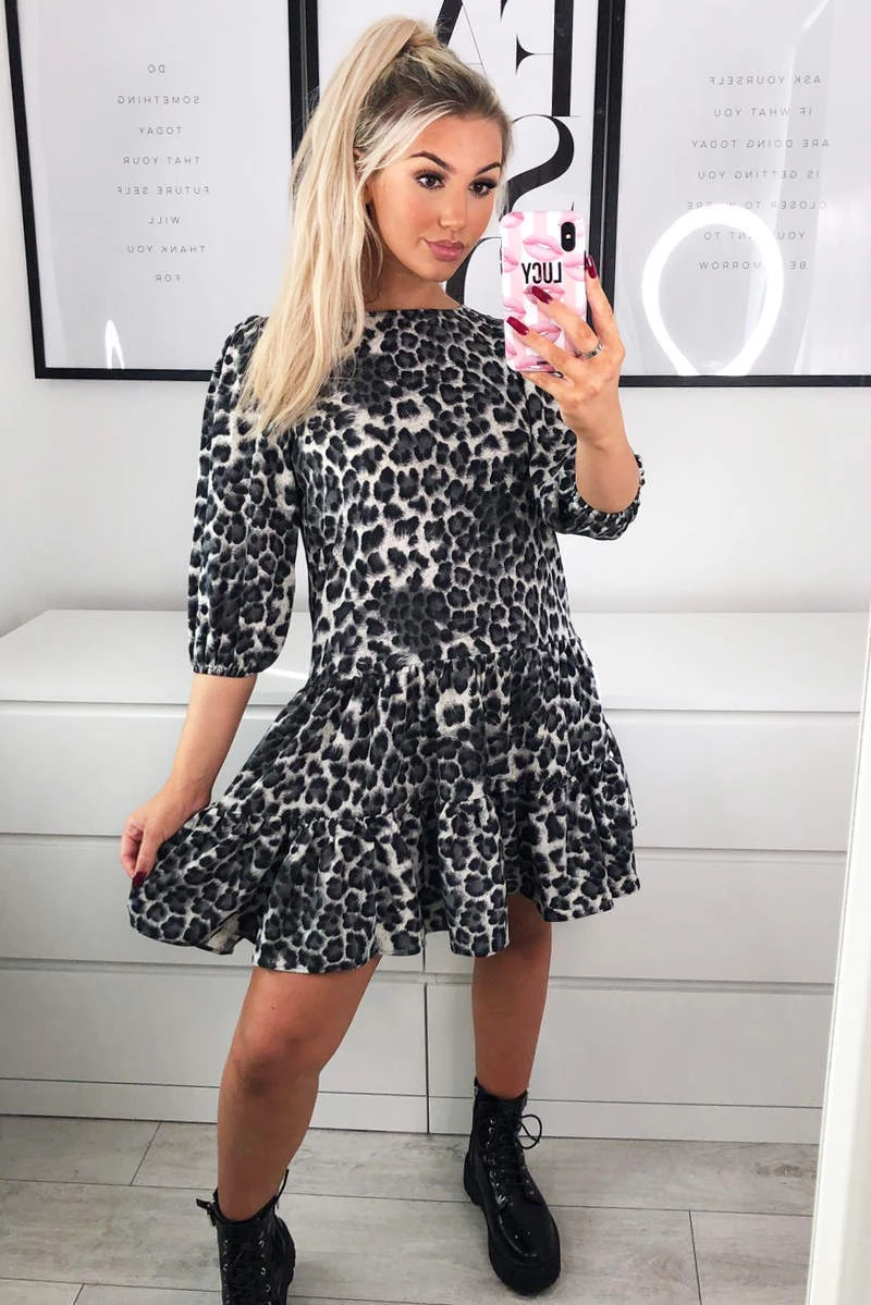 AX Paris Dresses Grey Printed Frill Swing Dress 3 AX Paris Dresses Grey Printed Frill Swing Dress