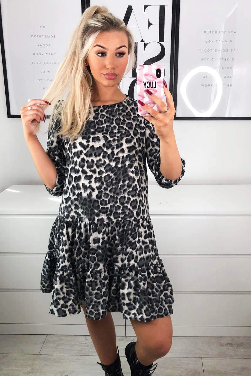 AX Paris Dresses Grey Printed Frill Swing Dress 4 AX Paris Dresses Grey Printed Frill Swing Dress