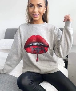 AX Paris Tops Grey Red Lips Sweatshirt