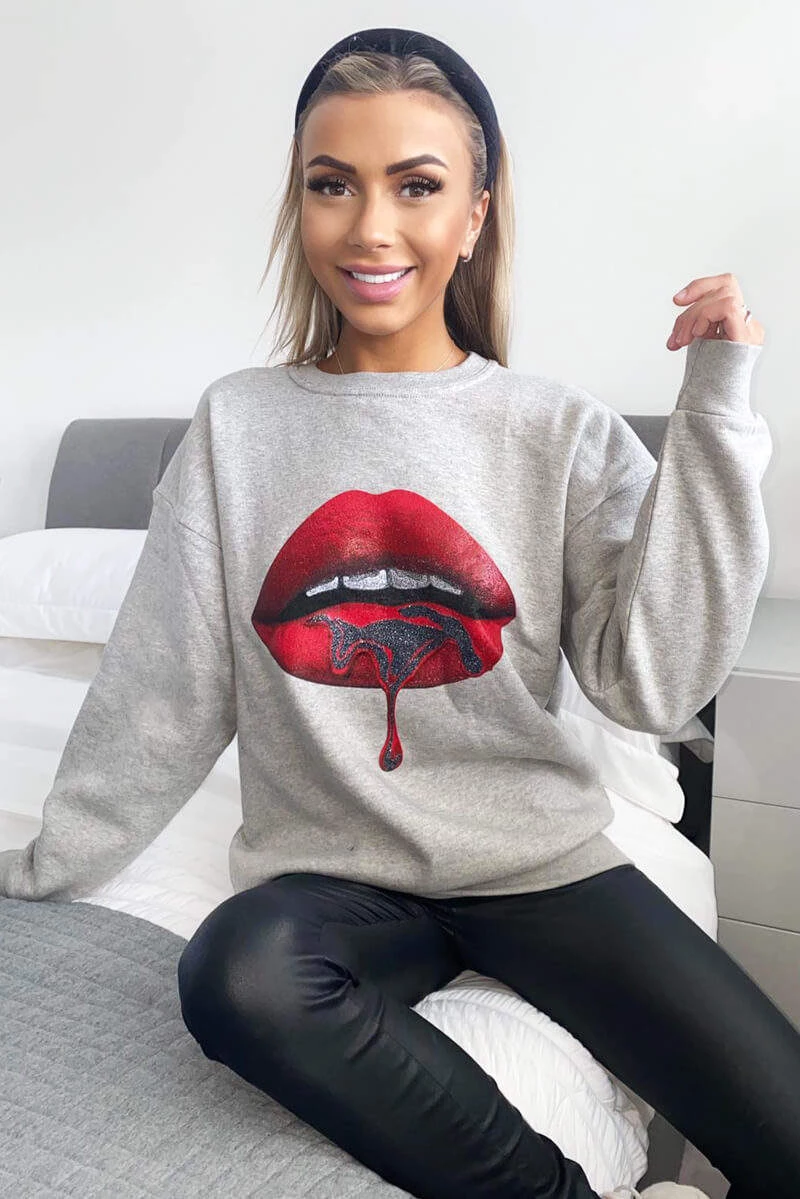 AX Paris Tops Grey Red Lips Sweatshirt 2 AX Paris Tops Grey Red Lips Sweatshirt