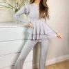 AX Paris Loungewear Grey Ribbed Frilled Hem Lounge Suit