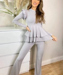 AX Paris Loungewear Grey Ribbed Frilled Hem Lounge Suit