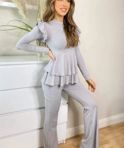 AX Paris Loungewear Grey Ribbed Frilled Hem Lounge Suit