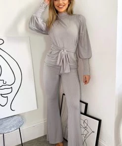 AX Paris Loungewear Grey Ribbed Tie Waist Lounge Set