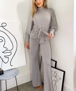 AX Paris Loungewear Grey Ribbed Tie Waist Lounge Set