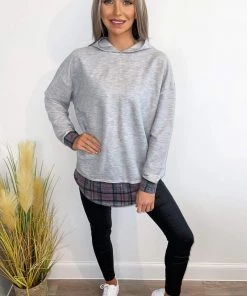 AX Paris Tops Grey Soft Touch Pink Checked Back Hoodie