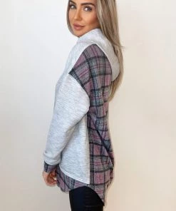 AX Paris Tops Grey Soft Touch Pink Checked Back Hoodie 8 AX Paris Tops Grey Soft Touch Pink Checked Back Hoodie