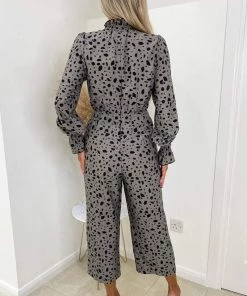 AX Paris Jumpsuits And Playsuits Grey Spot Printed High Neck Long Sleeve Jumpsuit