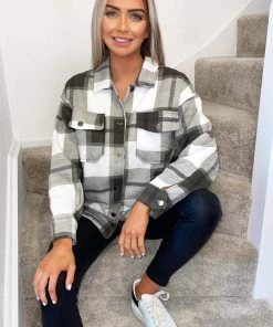 AX Paris Khaki Double Pocket Checked Shirt Jacket Coats & Jackets