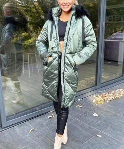AX Paris Khaki Faux Fur High Shine Coat Coats & Jackets