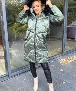 AX Paris Khaki Faux Fur High Shine Coat Coats & Jackets