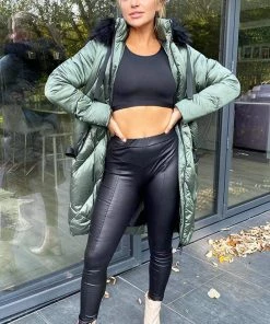 AX Paris Khaki Faux Fur High Shine Coat Coats & Jackets