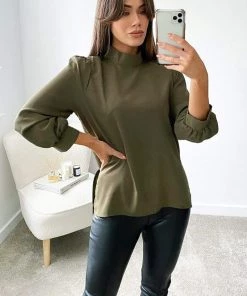 AX Paris Khaki High Neck Dip Hem Blouse