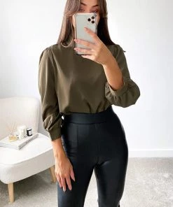 AX Paris Khaki High Neck Dip Hem Blouse