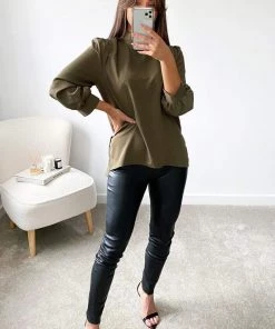 AX Paris Khaki High Neck Dip Hem Blouse