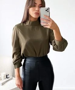 AX Paris Khaki High Neck Dip Hem Blouse