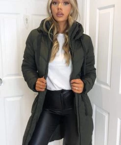 AX Paris Khaki Hooded Long Line Puffer Coat Coats & Jackets