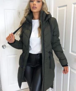 AX Paris Khaki Hooded Long Line Puffer Coat Coats & Jackets