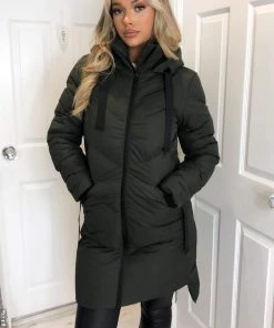 AX Paris Khaki Hooded Long Line Puffer Coat Coats & Jackets