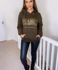 AX Paris Khaki LA Gold Printed Hoodie