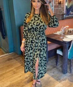 AX Paris Khaki Printed Elasticated Waist Midi Dress